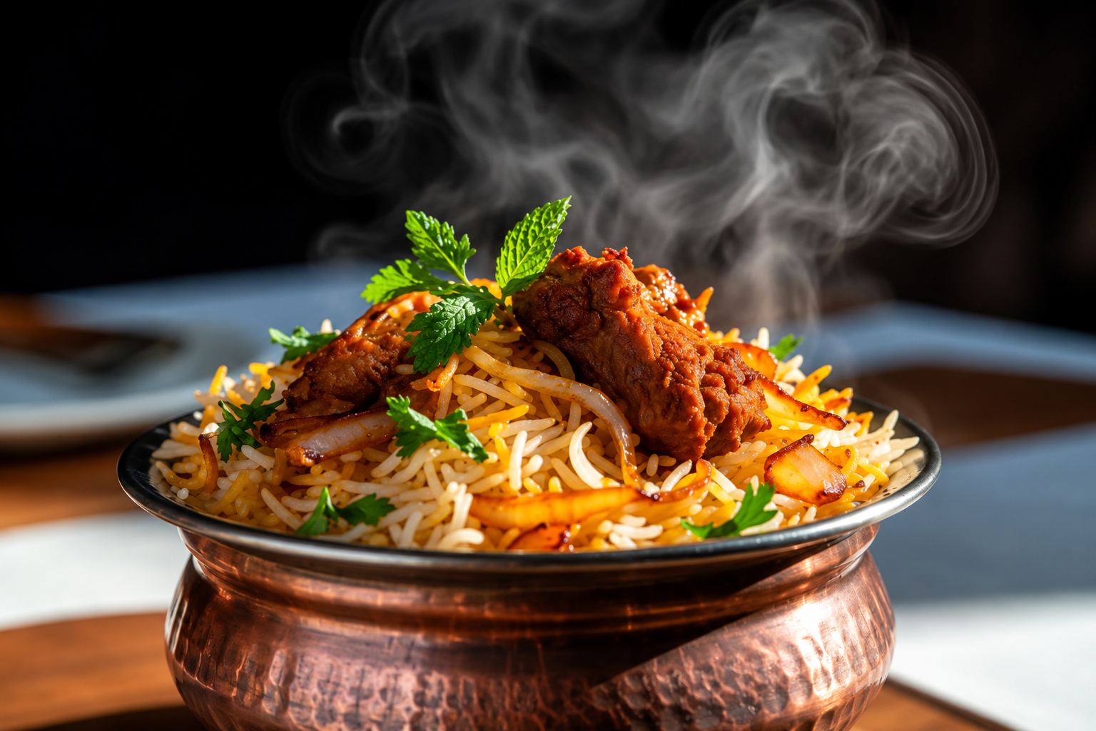 Family sharing Hyderabadi dum biryani at House of Biryanis & Kebabs in Iselin, NJ